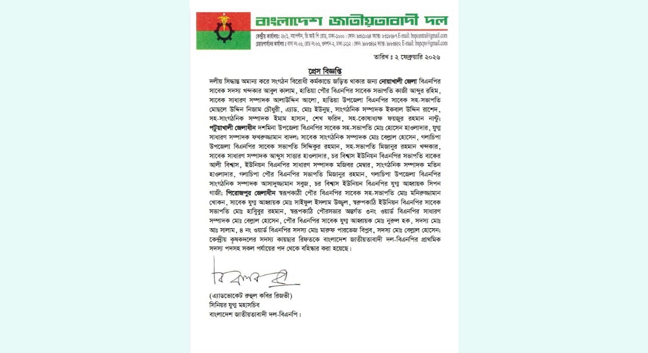 হাতিয়ায় স্বতন্ত্র প্রার্থীর পক্ষে কাজ করায় বিএনপির ৯ নেতাকে বহিষ্কার